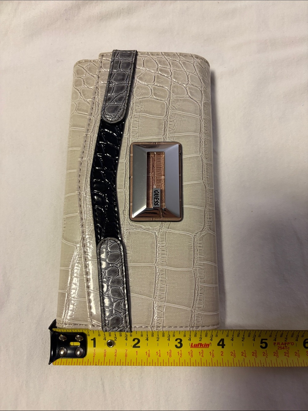Guess Croc-Embossed Clutch in Light Gray with Black Trim - Picture 7 of 9